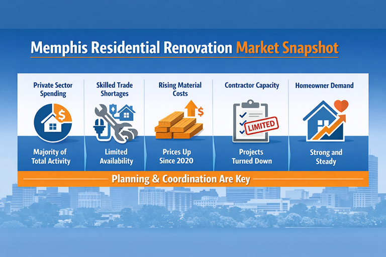 The Memphis residential renovation market 2025 reflects steady private sector demand combined with tighter trade availability and structured contractor scheduling. Homeowners planning improvements must approach projects with documented scope, defined budgeting, and coordinated sequencing to maintain control of timeline and cost. Lawrence and Lawrence General Contractors, LLC performs residential construction in alignment with Tennessee licensing standards and local inspection requirements. Renovation activity in 2025 requires compliance-based planning and disciplined project oversight.