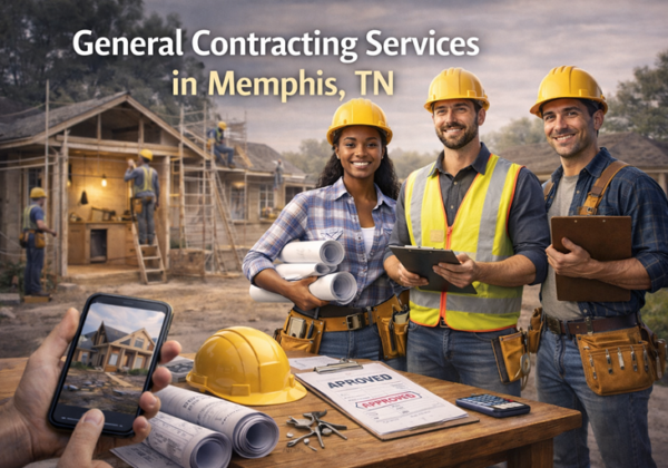 General contracting services in Memphis, TN with diverse construction team reviewing plans at active residential renovation site.