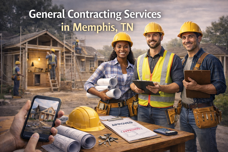 General contracting services in Memphis, TN with diverse construction team reviewing plans at active residential renovation site.