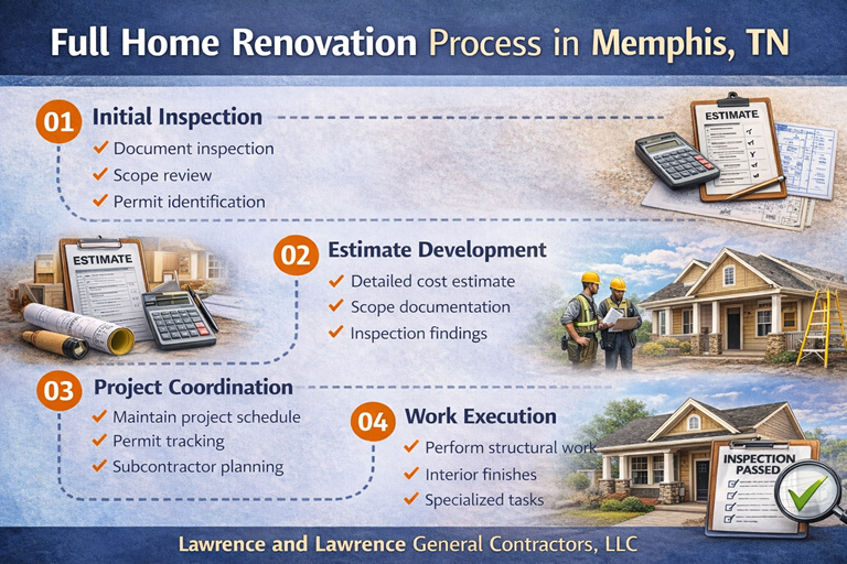 Full home renovations in Memphis, TN process including inspection, estimating, coordination, and construction execution.