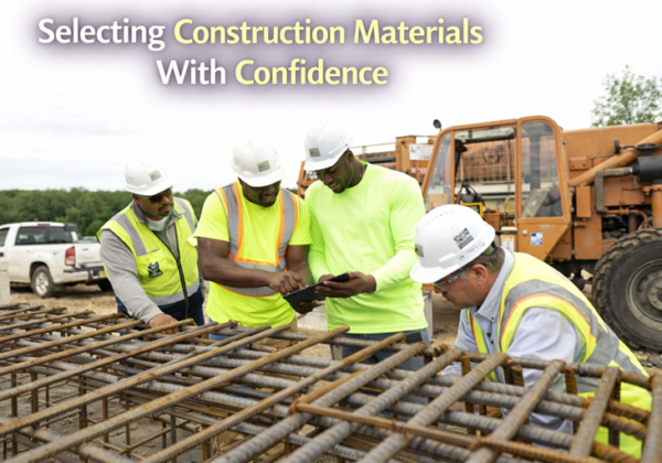 Selecting construction materials at active job site with contractor team reviewing rebar layout and project plans.