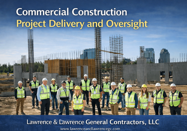 Commercial construction project delivery at active job site with contractor team standing in front of structural concrete and steel framing.Commercial construction project delivery at active job site with contractor team standing in front of structural concrete and steel framing.