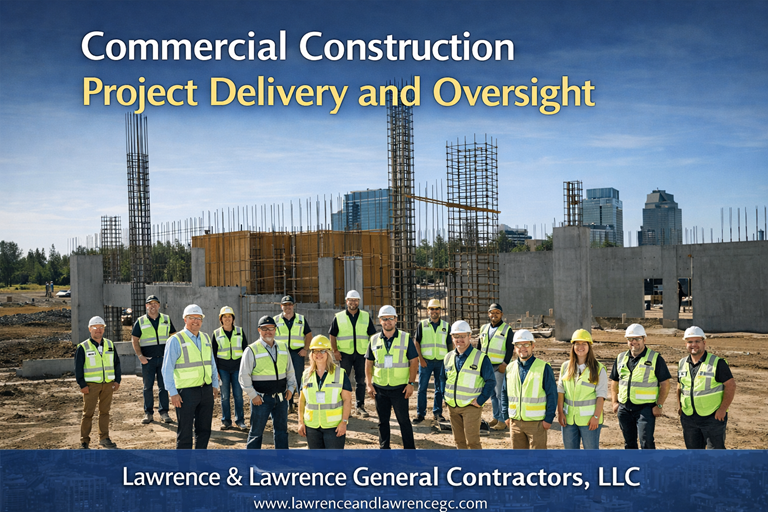 Commercial construction project delivery at active job site with contractor team standing in front of structural concrete and steel framing.Commercial construction project delivery at active job site with contractor team standing in front of structural concrete and steel framing.