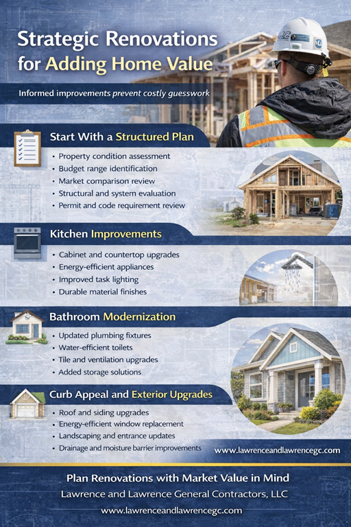 Strategic renovations for adding home value infographic outlining planning, kitchen, bathroom, and exterior upgrades.