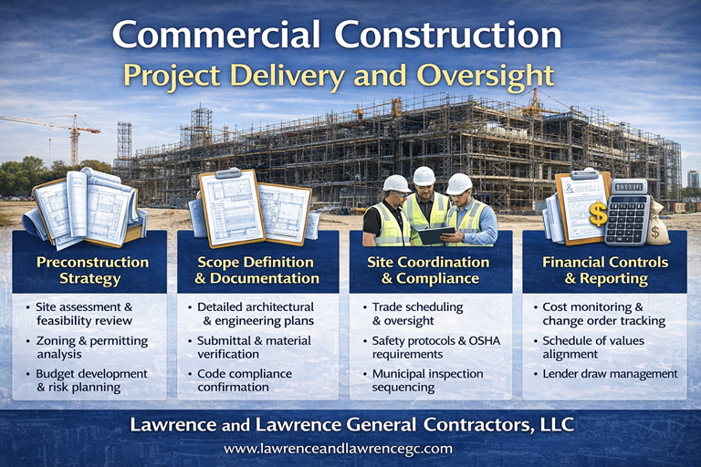 Commercial construction project delivery infographic outlining preconstruction strategy, scope documentation, site coordination, and financial controls.