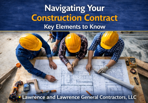 Construction contract planning meeting with project team reviewing blueprints and documentation.