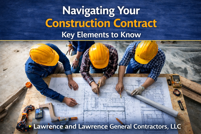 Construction contract planning meeting with project team reviewing blueprints and documentation.