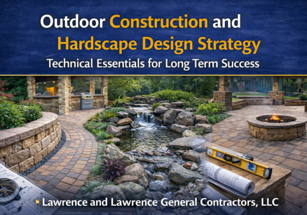 Outdoor construction and hardscape design strategy featuring engineered patio, retaining walls, water feature, and fire pit installation.