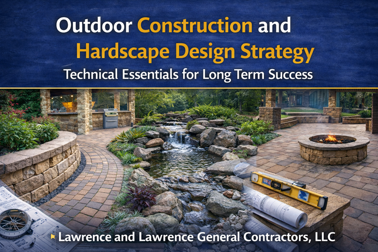 Outdoor construction and hardscape design strategy featuring engineered patio, retaining walls, water feature, and fire pit installation.