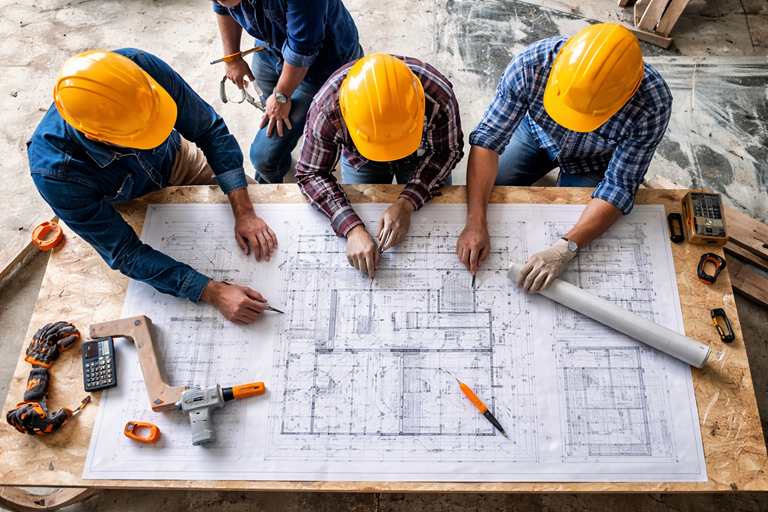 Construction contract planning meeting with project team reviewing blueprints and documentation.