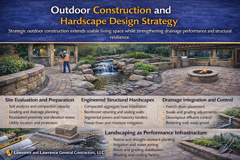 Outdoor construction and hardscape design strategy infographic by Lawrence and Lawrence General Contractors, LLC highlighting site prep, drainage, and structural hardscapes.