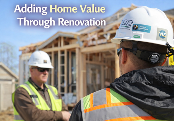 Adding home value through renovation at active residential construction site with contractor reviewing framed structure.