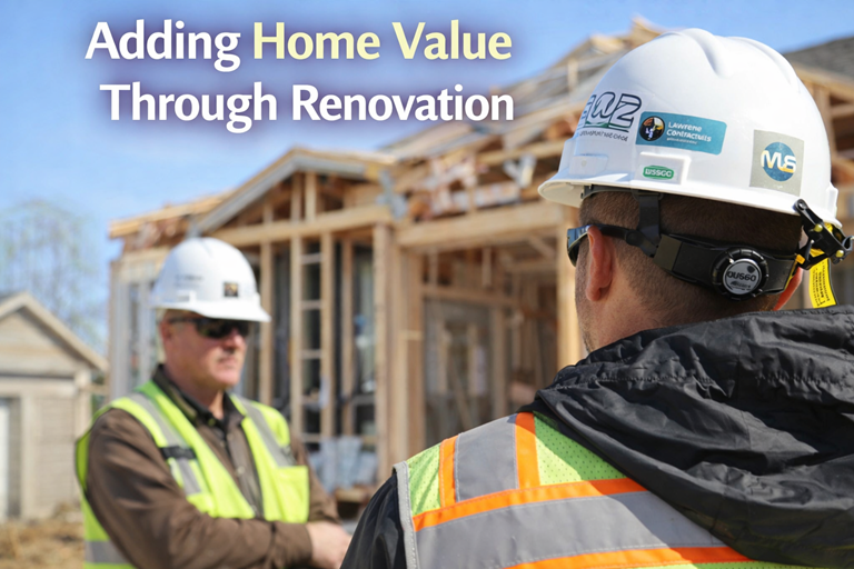 Adding home value through renovation at active residential construction site with contractor reviewing framed structure.