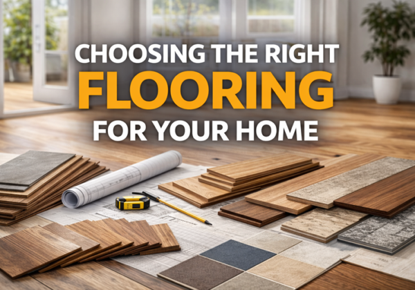 Hardwood, laminate, tile, and vinyl flooring samples displayed on architectural plans inside a bright residential interior