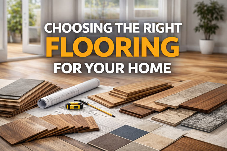 Hardwood, laminate, tile, and vinyl flooring samples displayed on architectural plans inside a bright residential interior