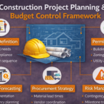 Infographic outlining construction project planning and budget control framework components