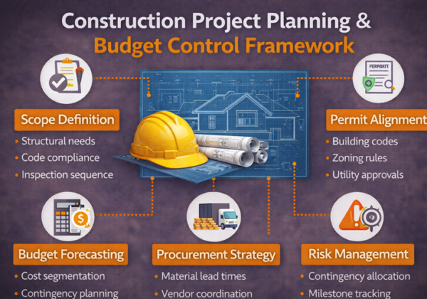 Infographic outlining construction project planning and budget control framework components