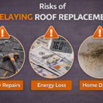Infographic highlighting risks of delaying roof replacement including costly repairs, energy loss, and interior home damage
