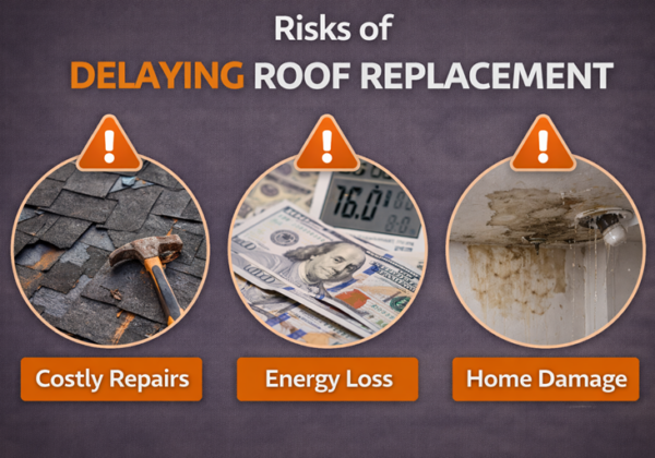 Infographic highlighting risks of delaying roof replacement including costly repairs, energy loss, and interior home damage