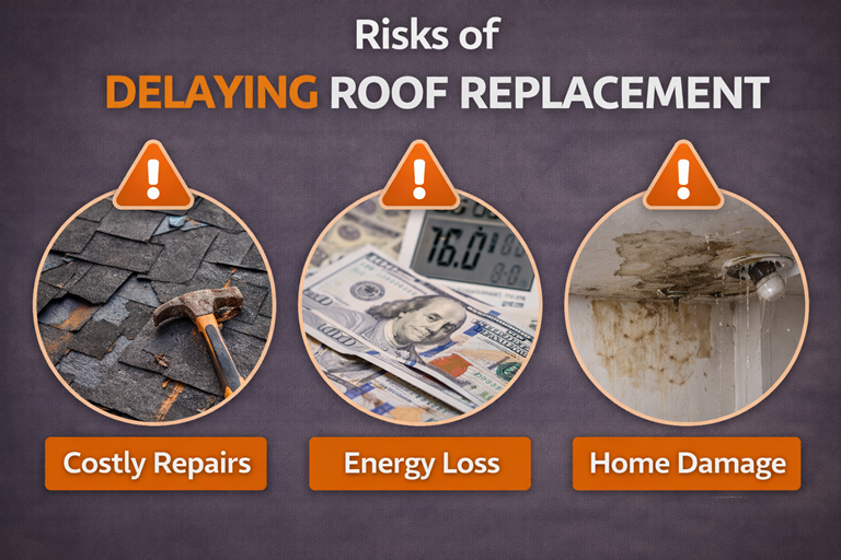 Infographic highlighting risks of delaying roof replacement including costly repairs, energy loss, and interior home damage