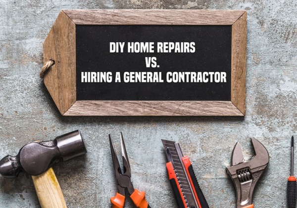 DIY vs general contractor comparison showing homeowner using power drill and licensed contractor reviewing project plans.