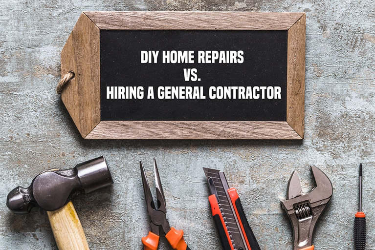 DIY vs general contractor comparison showing homeowner using power drill and licensed contractor reviewing project plans.