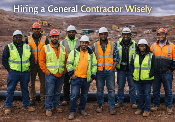 Hiring a general contractor in Memphis, TN with construction team standing at active job site.