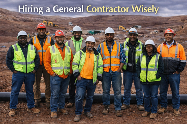 Hiring a general contractor in Memphis, TN with construction team standing at active job site.