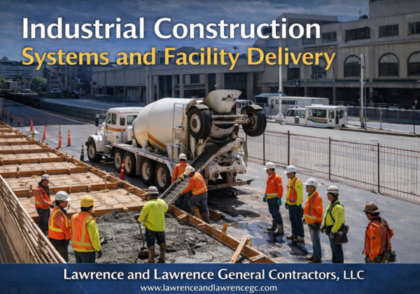 Industrial construction systems and facility delivery with concrete crew placing slab from mixer truck on active site.