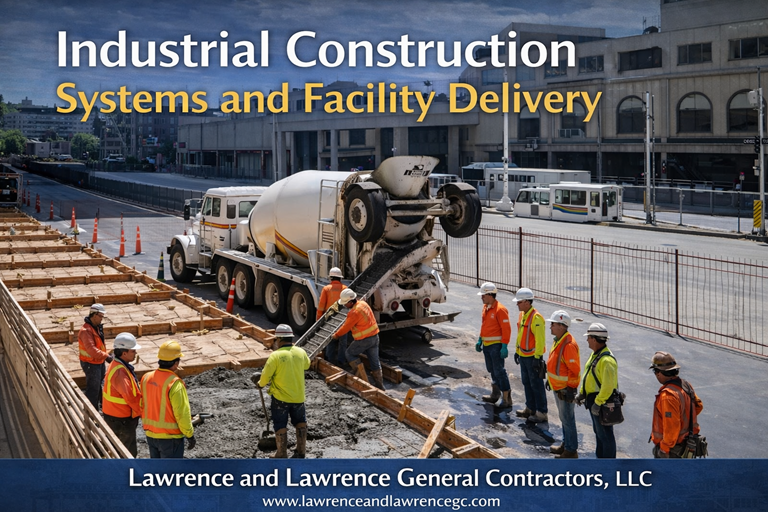 Industrial construction systems and facility delivery with concrete crew placing slab from mixer truck on active site.