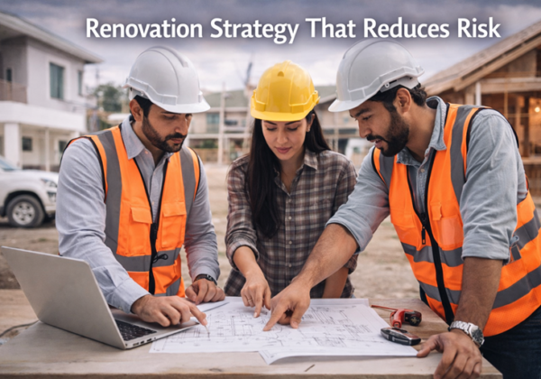 Renovation planning in Memphis, TN with licensed contractor reviewing residential construction drawings on site.