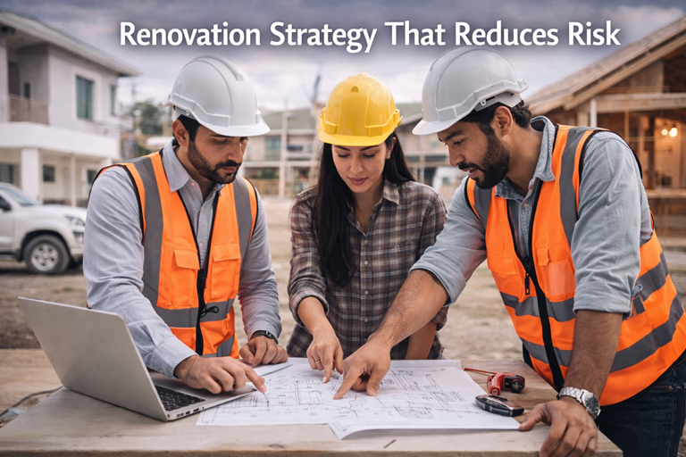 Renovation planning in Memphis, TN with licensed contractor reviewing residential construction drawings on site.