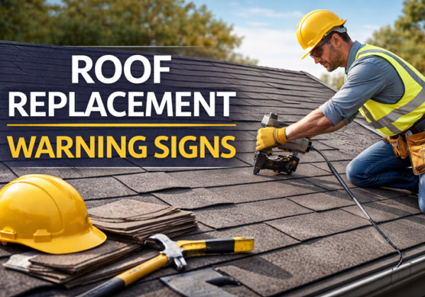 Roof replacement warning signs inspection showing contractor installing asphalt shingles on residential roof.
