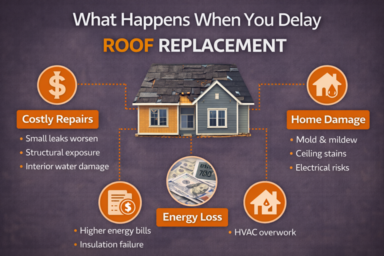 Infographic showing what happens when you delay roof replacement including costly repairs, energy loss, and interior home damage