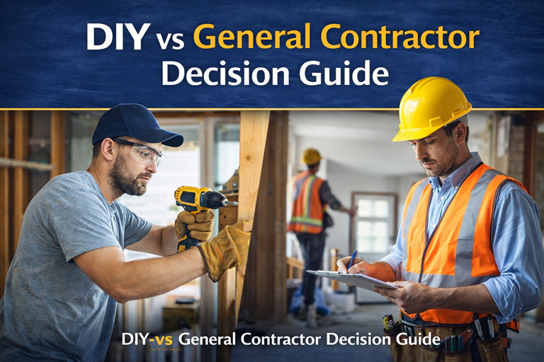 DIY vs general contractor comparison showing homeowner using power drill and licensed contractor reviewing project plans.DIY vs general contractor comparison showing homeowner using power drill and licensed contractor reviewing project plans.