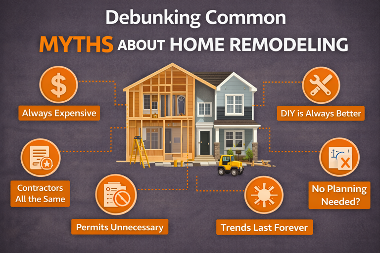 Infographic illustrating common home remodeling myths including cost, DIY, permits, contractor quality, planning, and design trends