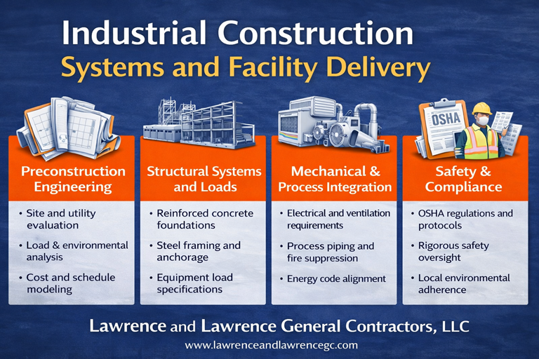 Industrial construction systems and facility delivery infographic outlining engineering, structural, mechanical, and safety coordination phases.