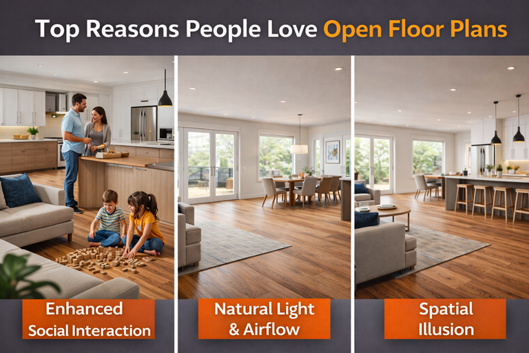 Open floor plan collage showing connected kitchen, dining, and living spaces with natural light and family interaction