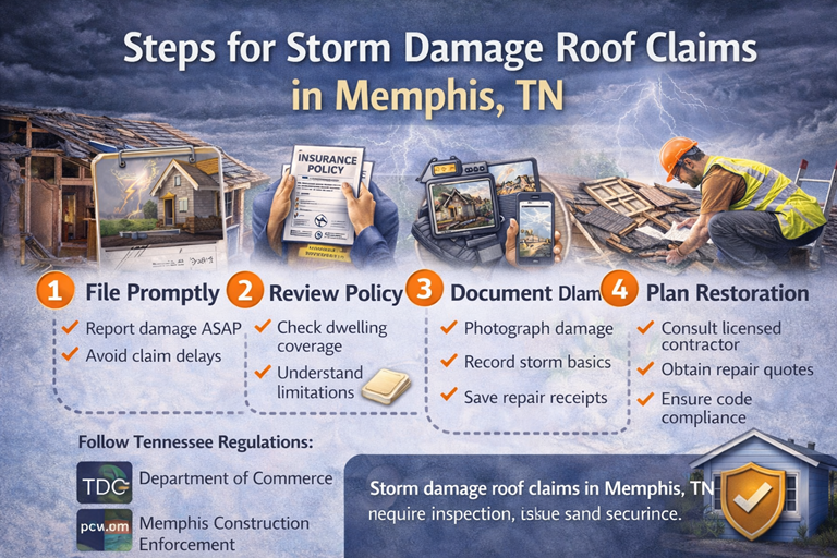 Steps for storm damage roof claims in Memphis, TN including filing, policy review, documentation, and restoration planning.