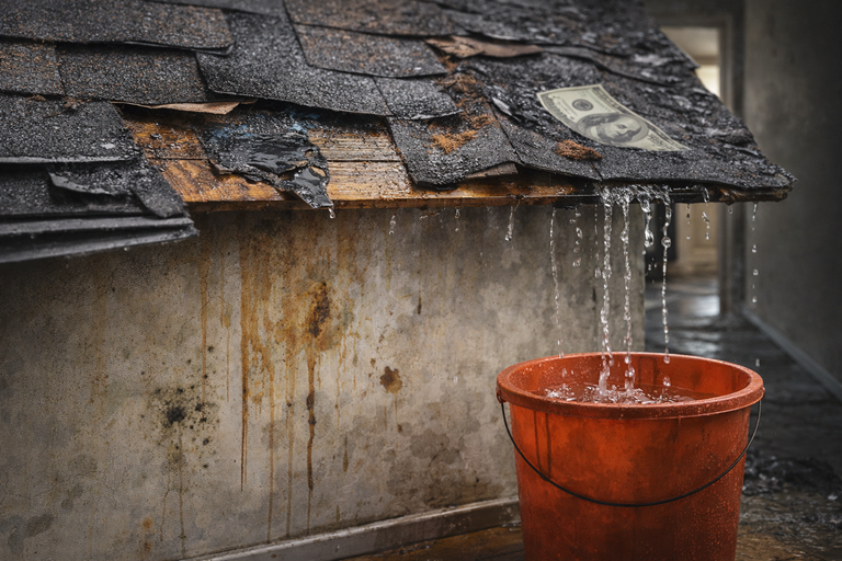 Deteriorating roof with curling shingles and active water leak dripping into a bucket below
