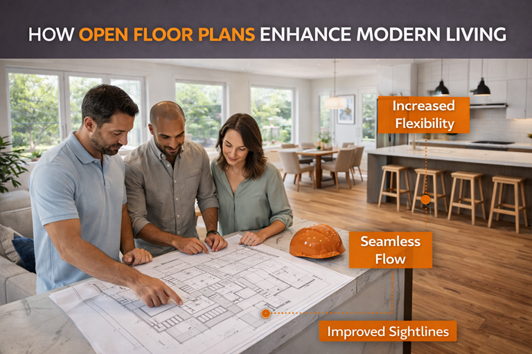 Homeowners reviewing open floor plan blueprints inside a modern open concept kitchen and living space