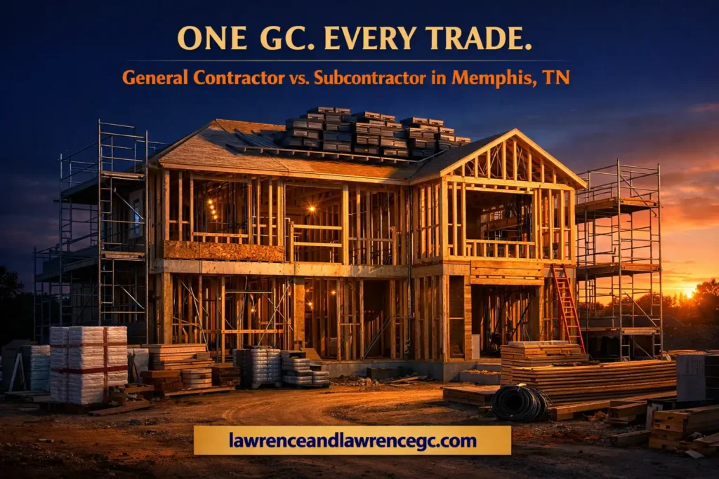 A multi-trade residential construction site in Memphis, TN with scaffolding, framing, and exposed trade rough-ins managed by a licensed general contractor Memphis TN — lawrenceandlawrencegc.com