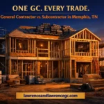 A multi-trade residential construction site in Memphis, TN with scaffolding, framing, and exposed trade rough-ins managed by a licensed general contractor Memphis TN — lawrenceandlawrencegc.com