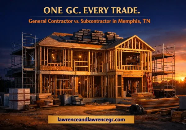 A multi-trade residential construction site in Memphis, TN with scaffolding, framing, and exposed trade rough-ins managed by a licensed general contractor Memphis TN — lawrenceandlawrencegc.com
