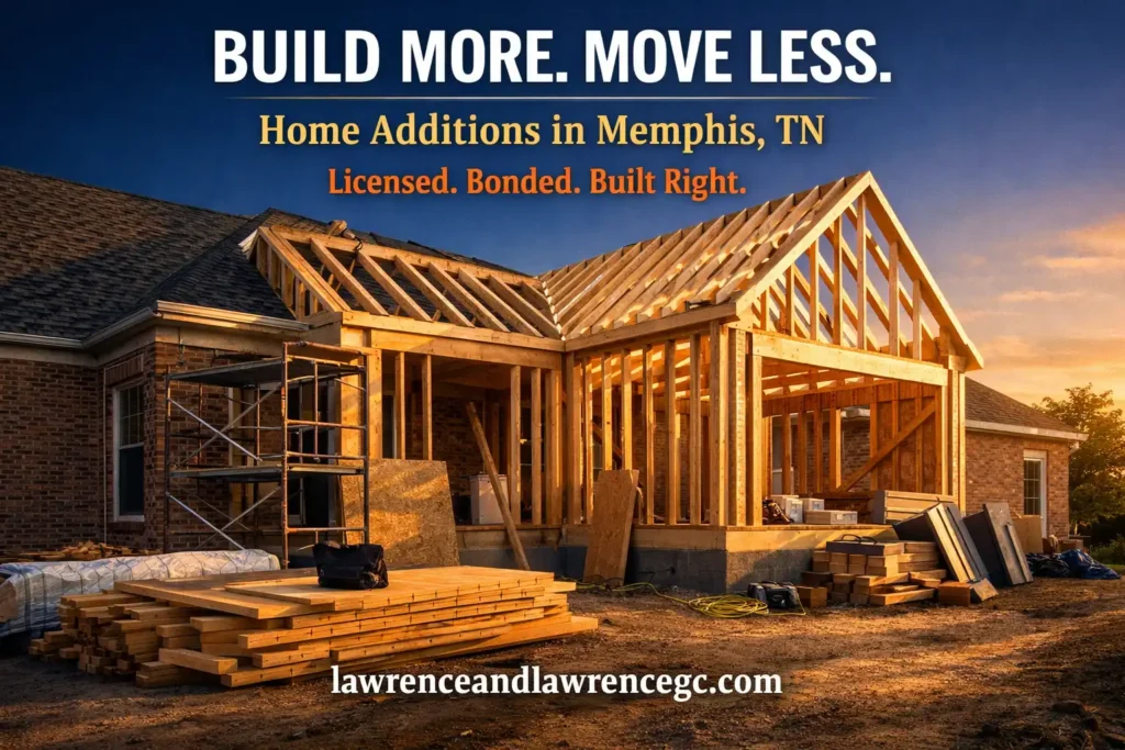 A residential home mid-addition in Memphis, TN showing original brick structure beside new framed wing by a licensed home addition contractor Memphis TN — lawrenceandlawrencegc.com