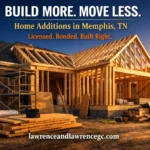 A residential home mid-addition in Memphis, TN showing original brick structure beside new framed wing by a licensed home addition contractor Memphis TN — lawrenceandlawrencegc.com