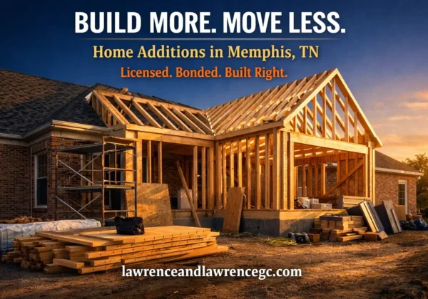 A residential home mid-addition in Memphis, TN showing original brick structure beside new framed wing by a licensed home addition contractor Memphis TN — lawrenceandlawrencegc.com