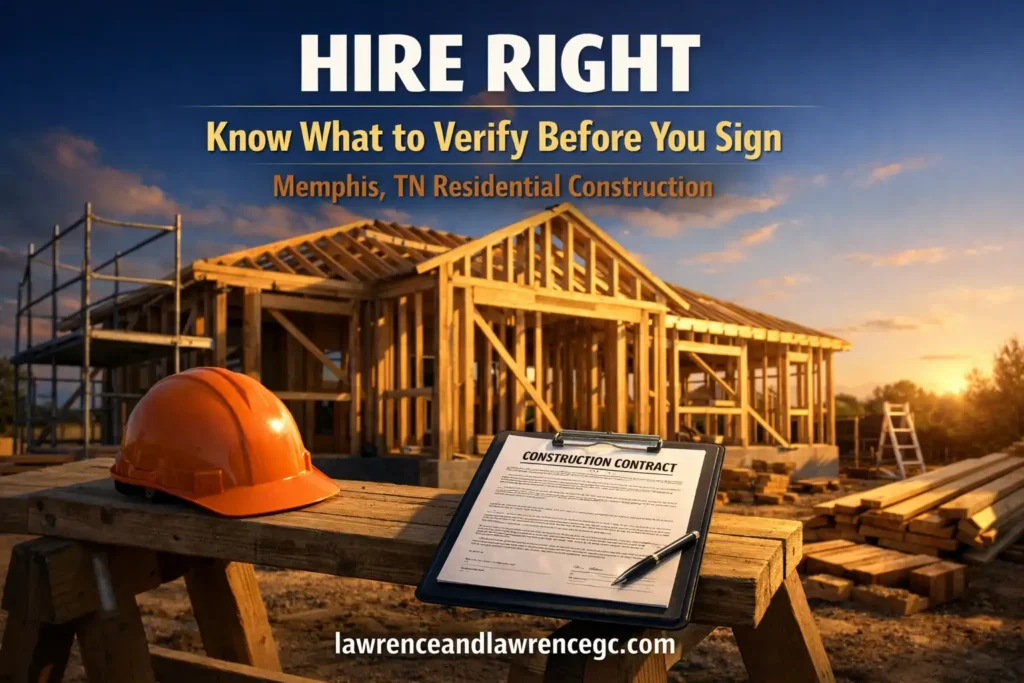 A residential construction site in Memphis, TN with lumber framing, scaffolding, and a contract clipboard — hire general contractor Memphis TN — lawrenceandlawrencegc.com