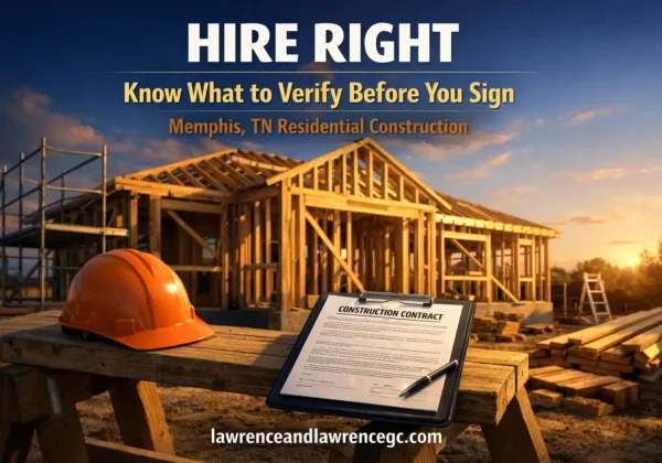 A residential construction site in Memphis, TN with lumber framing, scaffolding, and a contract clipboard — hire general contractor Memphis TN — lawrenceandlawrencegc.com