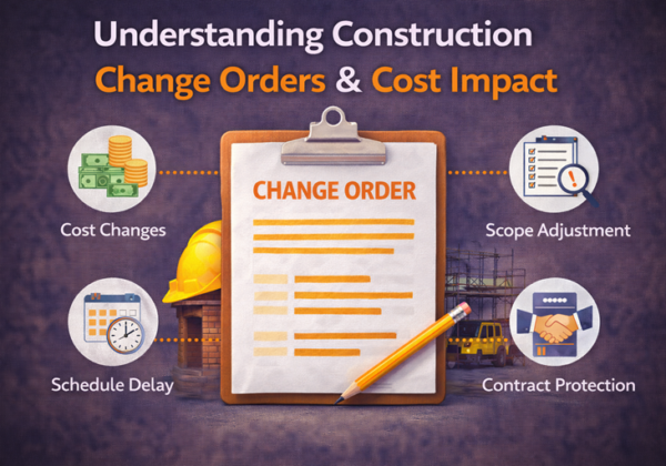 Infographic explaining construction change orders and cost impact with icons for budget changes, schedule delays, scope adjustments, and contract protection.